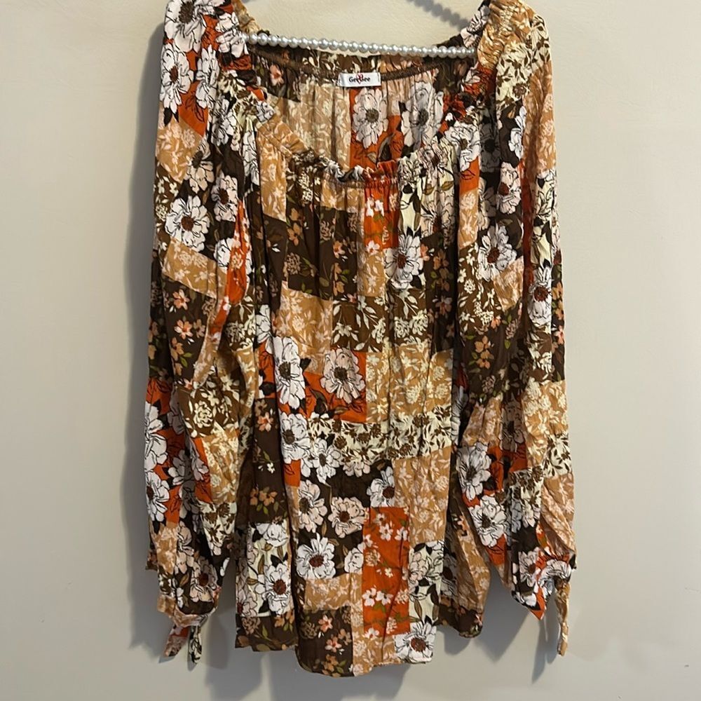 GeeGee Boho Patchwork Floral Blouse 2XL Rayon Smocked Off Shoulder Tie Sleeve